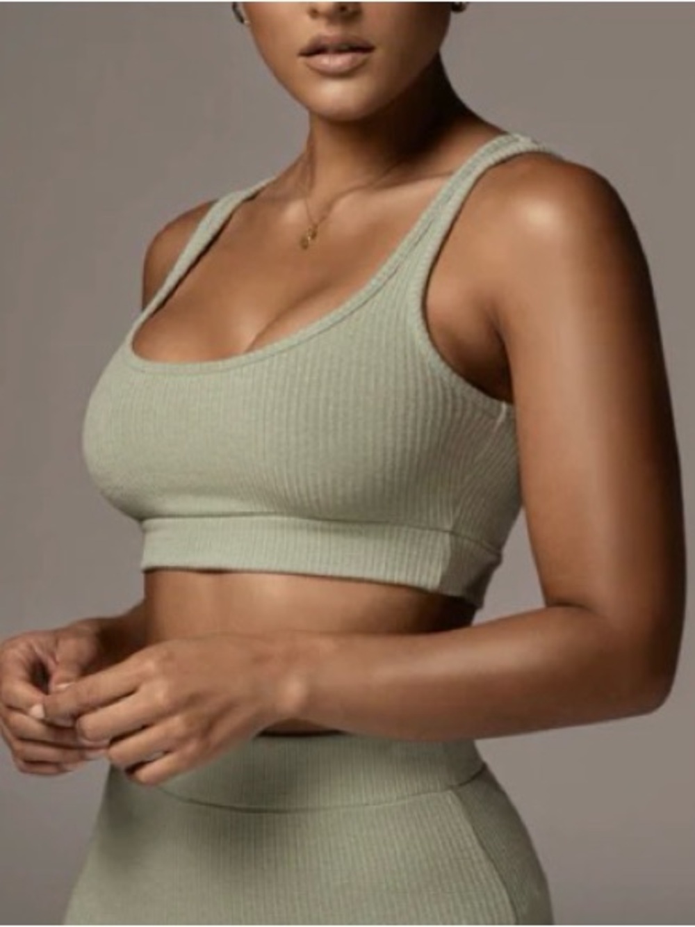 JLUXLABEL Ribbed Sage Set Scoop Bralette w/ in Mid length Skirt